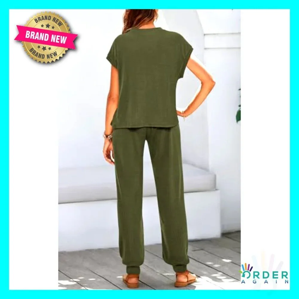 Two Piece Tracksuit Set Short Sleeve Top Long Pants Lounge Sweatsuit Y2K